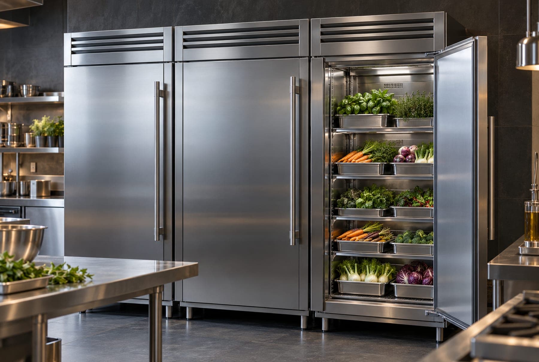 Refrigerated stands under the cooking line