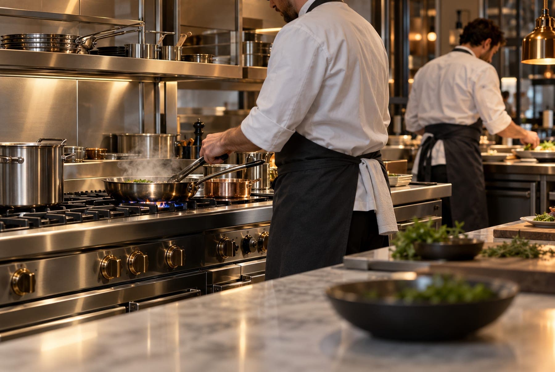 Brushed-steel finish on a working cooking line
