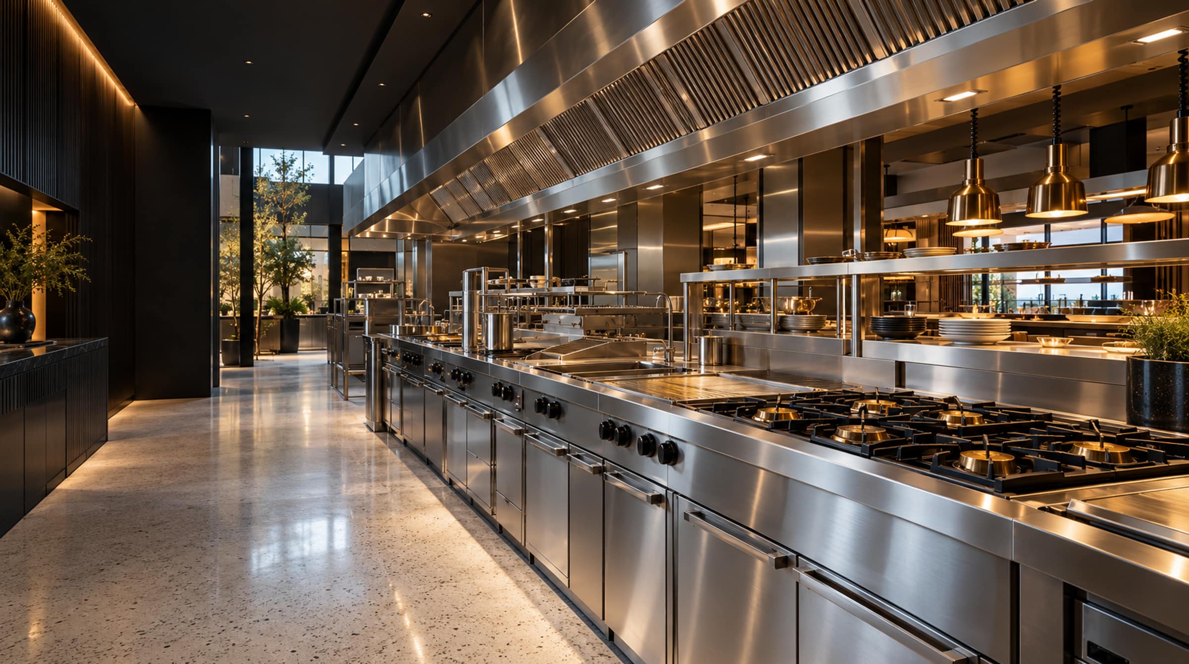 An architectural commercial kitchen with a continuous stainless cooking line and warm task lighting