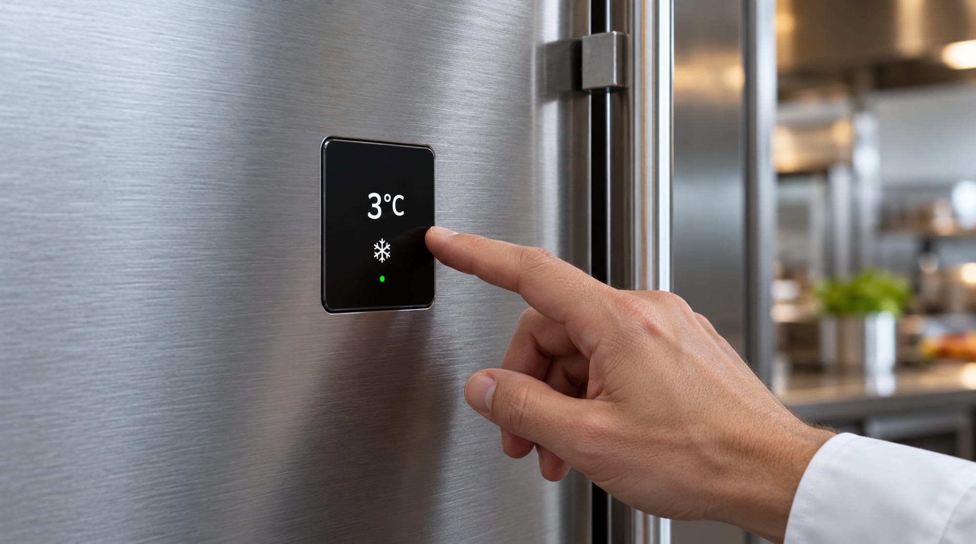 A hand approaching a flush smart temperature control on commercial refrigeration